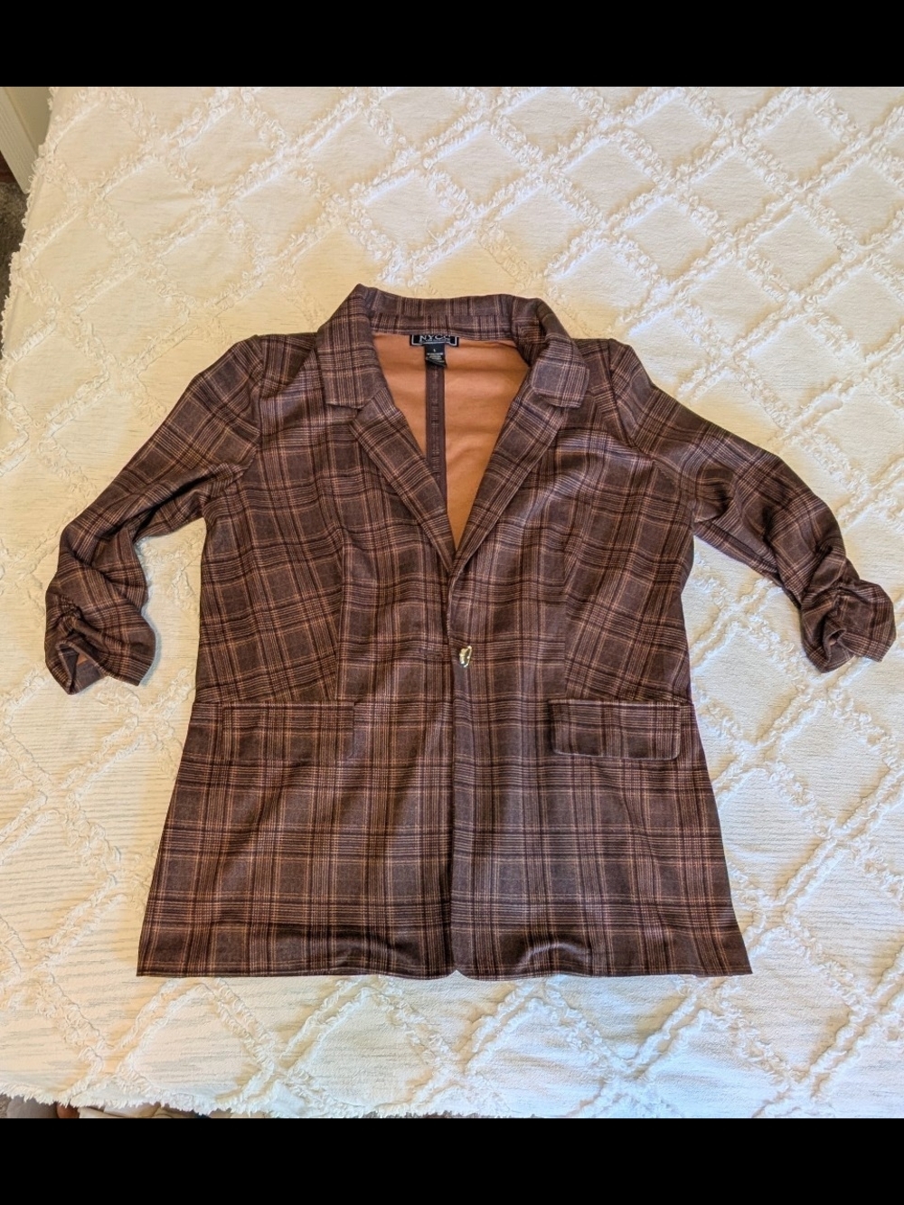 NYCC Brown Plaid 3/4 Ruched Sleeve Women's Blazer Jacket